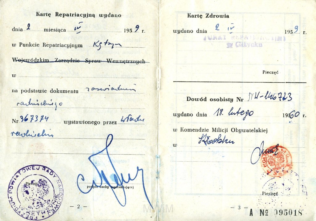 KKE 5693-3.jpg - Dok. Karta Repatriacyjna Katarzyny Graszko (ur. 18 XI 1894 r. w Moskwie) – córka Jana i Weroniki Graszko, Kętrzyn, 2 IV 1959 r.